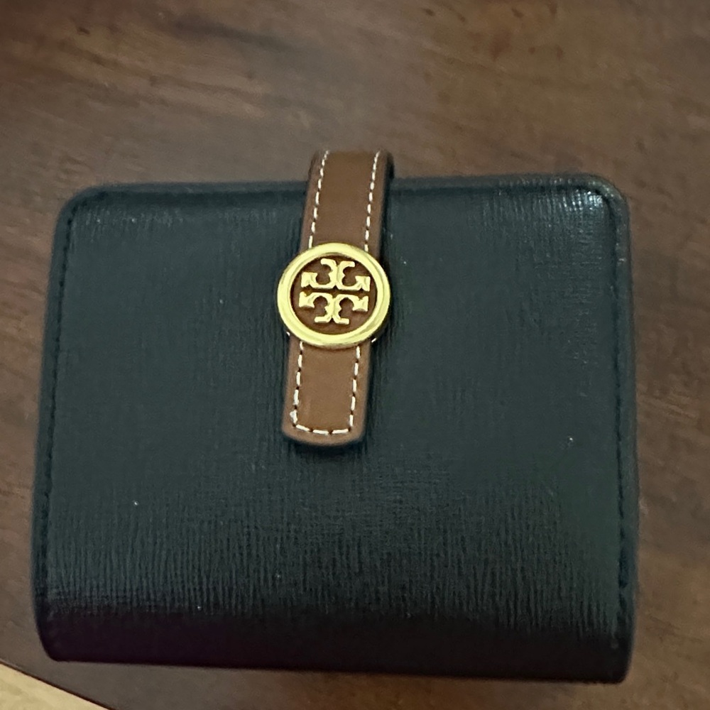 New Tory Burch Black Wallet with Brown Strap and Gold Accent